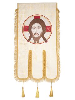 white silk church banner with an icon 
