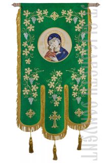 Orthodox liturgical banner with an embroidered icon of theotokos