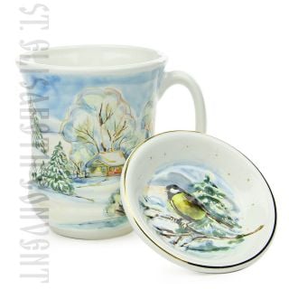 Handmade Ceramic Lid Mug with winter scenery and titmouse