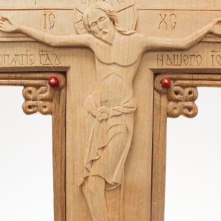 Hand carved icon with the Savior in the centre and incrusted with semi-precious stones