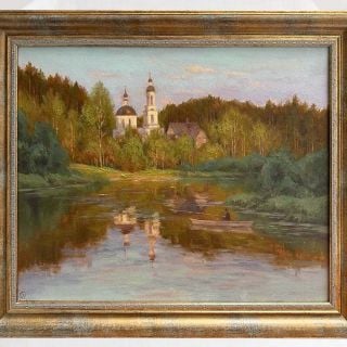 the oil painting with the church on the river bank and a fisher
