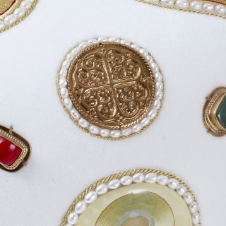 white handmade mitre with lacquered icons and stones