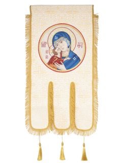white church banner with embroidered icon of Mother of God