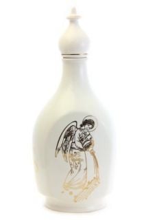 Holy water bottle with golden decal and a top