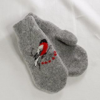 white wool knitted mittens with red bullfinches
