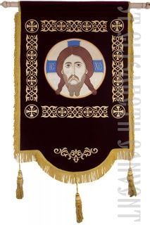 red velvet church banner with Savior medallion