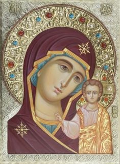 handpainted icon of our Lady with metal oklad