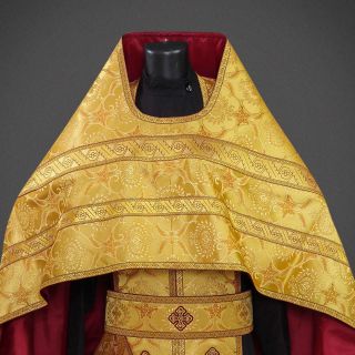Gold Russian Style priest vestment with burgundy sewn medallions 