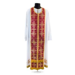 burgundy silk priest vestment with galloons and sewn crosses