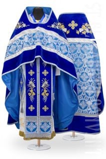 blue velvet russian-style vestment for clergy with embroidered grapes