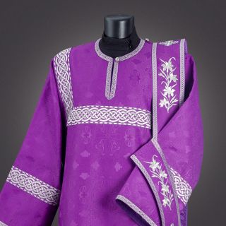 purple deacon vestment with embroidered lilies and crosses