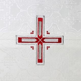 red/silver embroidery on the silk altar cover