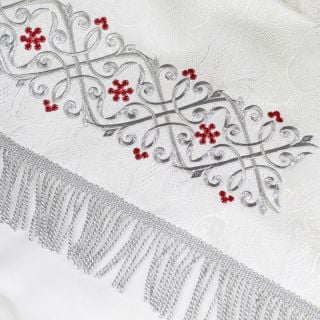 red/silver embroidery on the silk altar cover