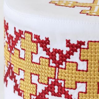 White Serbian Skufia with embroidered crosses in red and yellow colors