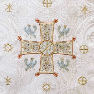 White analogion cover with Cross embroidery and birds