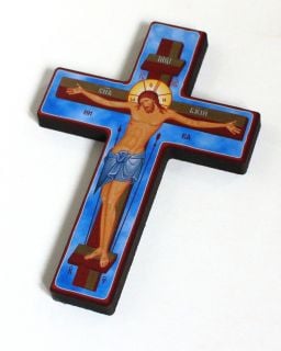 wooden cross with printed icon blue
