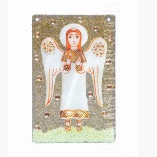 hand-painted glass panel with an angel with a candle