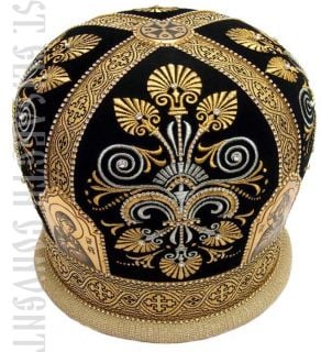 green velvet mitre with embroidery and galoon and blackened icons