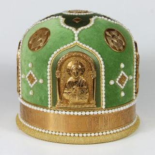 green velvet mitre with icons and pearls