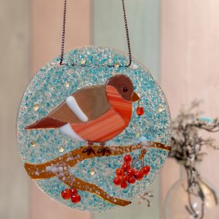 Glass stained panel with bullfinch
