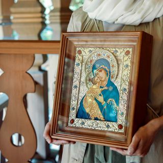 handpainted vladimir icon of the mother of god in oklad