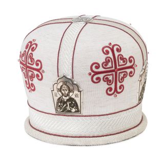 handmade white mitre with red embroidered icons