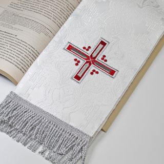 wide silk bookmark with cross embroidery and a silver fringe 