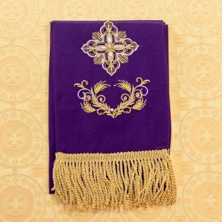 purple bookmark of coshibo with embroidered crops and cross and semi-precious stones