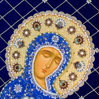 Blue embroidered Holy Shroud with grapes and seraphs with pearls