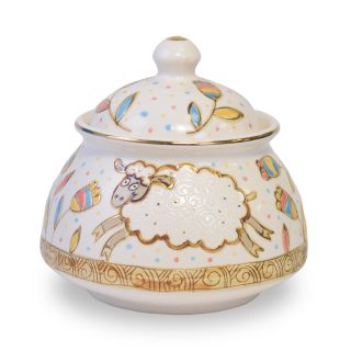 Ceramic Sugar Bowl White with Original Painting of Funny Animals