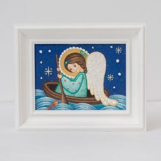 handmade picture of grounded semi-precious stones of an angel in a boat
