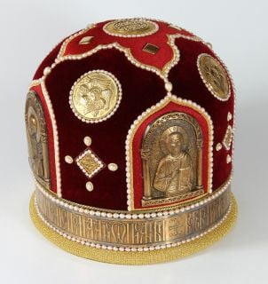 red velvet mitre with embroided icons and pearls