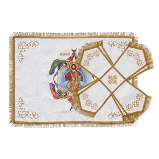 White decorative chalice covers and veil with embroidered Ascension of the Lord icon