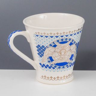 blue ceramic cone mug with prayer and seraphs