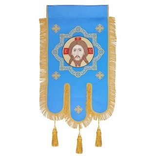 blue church processional banner with Christ icon
