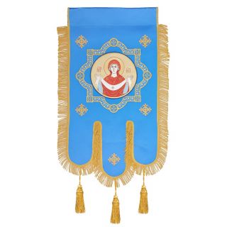 blue church processional banner with Christ icon
