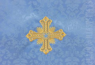 blue holy table vestment with crosses and fairy tale embroidery