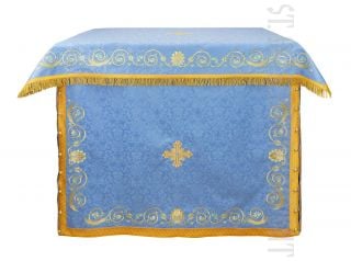 blue holy table vestment with crosses and fairy tale embroidery