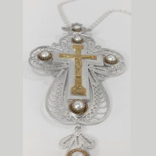 Filigree Pectoral Cross with pearls covered with silver and gold