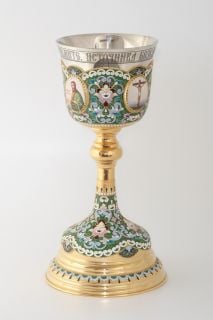 brass chalice with enamel patterns and icons medallions decals