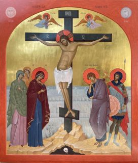 Crucifixion Hand-painted Icon with at John Evangelist and Theotokos
