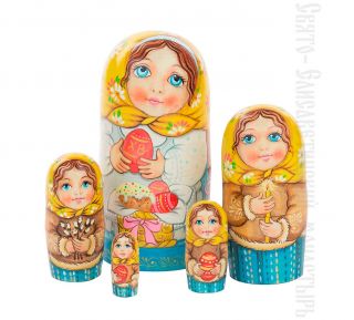 wooden painted paschal nesting doll family