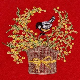 Easter tablecloth with embroidered mimosas and birds
