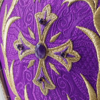 violet mitre with gold embroidery and medallions