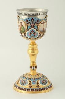 gilded enameled chalice with icons and stainless cup