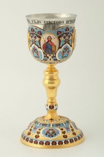 gilded enameled chalice with icons and stainless cup