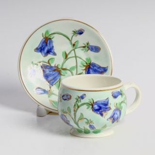 handpainted coffee and saucer set with bluebells and gold elements