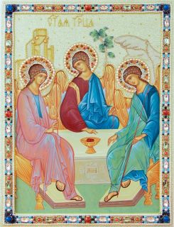 Hand-painted icon The holy trinity with embroidered oklad (plate)