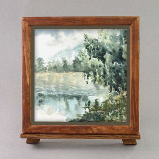 Watercolor handdrawn Trees on the river edge 