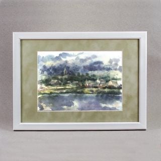 lake scene with a church in the village 